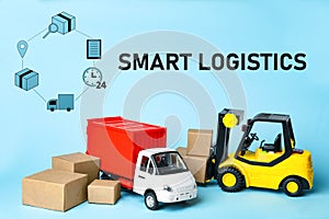 Smart logistics concept. Truck near forklift and icons on blue background