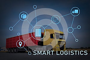 Smart logistics. Truck on country road and scheme with icons