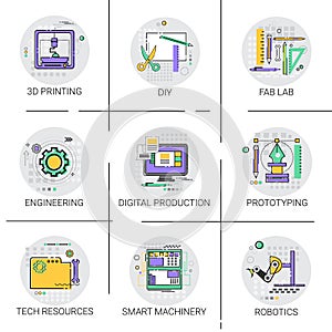Smart Machinery Industrial Automation Production Icon Set, 3d Printing Tech Resources Fab Lab Collection photo