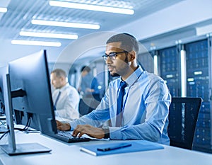 Smart Male IT Programer Working on Desktop Computer Software Development Code Writing Website Design Database