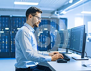 Smart Male IT Programer Working on Desktop Computer Software Development Code Writing Website Design Database