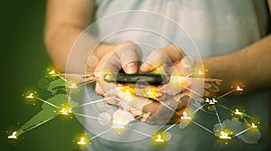 Smart man holding telephone with social media network connection