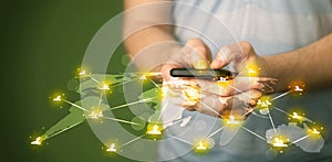 Smart man holding telephone with social media network connection