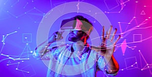 Smart man looking data or connecting with big data by using goggle. Deviation.