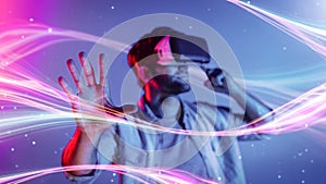 Smart man looking data or connecting with big data by using goggle. Deviation.