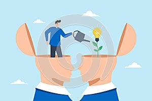 Smart man stand on teacher head watering plant on student head, illustrating teaching and learning to develop new skills and