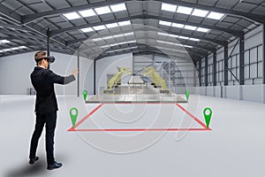 Smart manufacturing ,industry 4.0, 5.0 technology concept, man use augmented mixed virtual reality technology to manage, simulatio