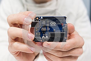 Smart microcontroller arduino uno modern concept.