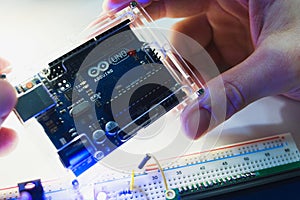Smart microcontroller arduino uno modern concept.