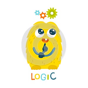 Smart monster thinks. Development of logic, attention and memory of children. Funny bright character in a hand-drawn cartoon