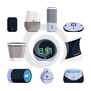 Smart music devices. Web connection voice audio speakers sound controllers for smart home garish vector cartoon