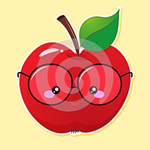 Smart, nerd Red apple with eyeglasses - kawaii illustration design.