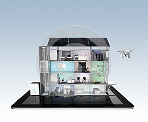 Smart office building on tablet PC. The smart office's energy support by solar panel, storage to battery system.