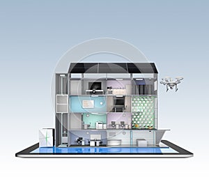 Smart office building on tablet PC. The smart office's energy support by solar panel, storage to battery system.