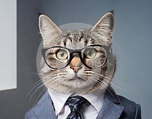 Smart office cat humanly dressed with glasses and suit