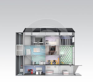 Smart office concept. Energy support by solar panel, storage to battery system