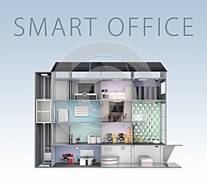 Smart office concept. Energy support by solar panel, storage to battery system. With text