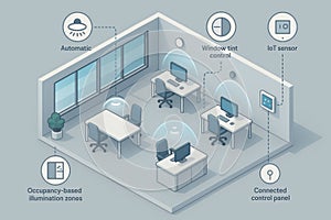 Smart office room with automatic lighting, IoT sensors, control panel, and occupancy-based lighting zones visualized in 3D