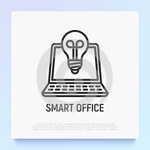 Smart office thin line icon: opened laptop with bulb. Modern vector illustration