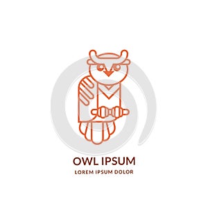 Smart owl line art logo emblem design template. Vector bird linear icon. Wisdom, mascot, education brand label concept