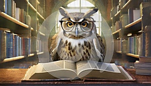 Owl with book in library