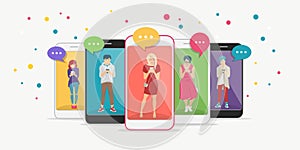 Smart phone addiction concept flat vector illustration of teenagers inside the mobile smartphones with chat speech bubbles