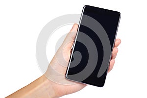 Smart phone with blank screen in hand isolated on white background, big mobile, black cellphone, 5.5 inch communicator