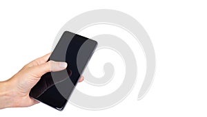smart phone with blank screen in hand isolated on white background, big mobile, black cellphone, 5.5 inch communicator. copy space