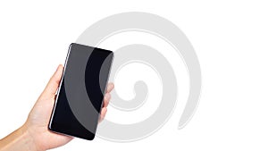 smart phone with blank screen in hand isolated on white background, big mobile, black cellphone, 5.5 inch communicator. copy space photo
