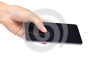 Smart phone with blank screen in hand isolated on white background, big mobile, black cellphone, 5.5 inch communicator photo