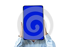 Smart phone with blue screen on human head in white background