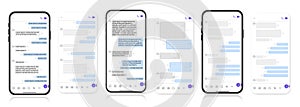 Smart Phone with carousel style messenger chat screen. Sms template bubbles for compose dialogues