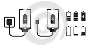 Smart phone charge with battery indicator level, vector icons