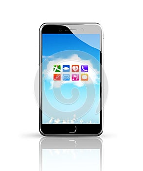 Smart phone with colorful app icons white cloud touchscreen