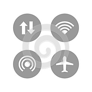 Smart phone connection button icon set. airplane mode, wifi, hotspot and mobile data connection vector icon illustration