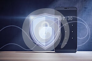 smart phone with creative padlock interface on blurry background. Password and security concept. Double exposure