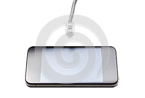 Smart phone with data cable plug against white background