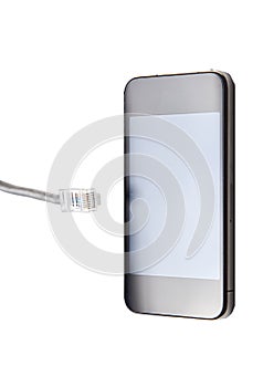 Smart phone with data cable plug over white background