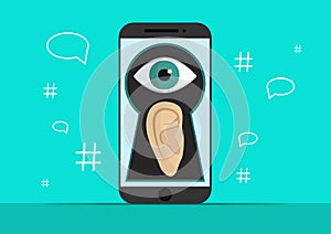 Smart phone with ear and eye on creen.Background with simple line style icons.The concept of security and protection of