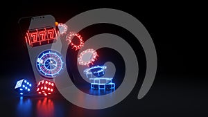 Smart Phone Gambling Concept With Neon Lights, Roulette Wheel And Poker Chips - 3D Illustration