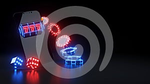 Smart Phone Gambling Concept, Slot And Poker Chips With Neon Lights - 3D Illustration