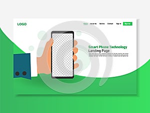 Smart phone in hand, green striped background, landing page, vector