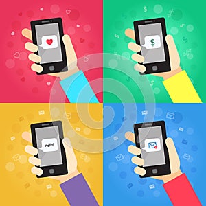 Smart phone in hand with message (love, money, hello!, envelope) vector illustrations set.