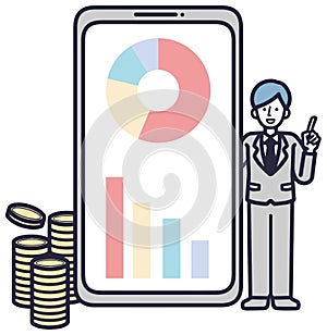 Smart phone, household account, asset management, male, simple illustration