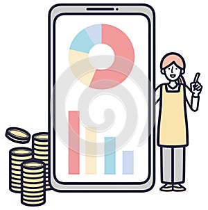 Smart phone, household account, asset management, woman, simple illustration