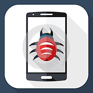 Smart phone icon infected by malware with long shadow