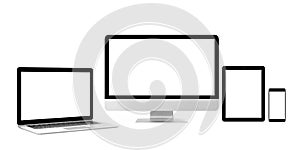 Smart phone, laptop, desktop computer with blank screen for copy space photo