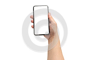 Smart phone in man hand isolated on white background.  White screen