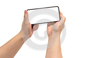 Smart phone in man hand isolated on white background.  White screen