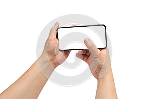 Smart phone in man hand isolated on white background.  White screen